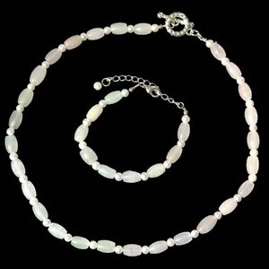White Jade Crystal & Pearl Beaded Necklace & Bracelet Jewelry Set